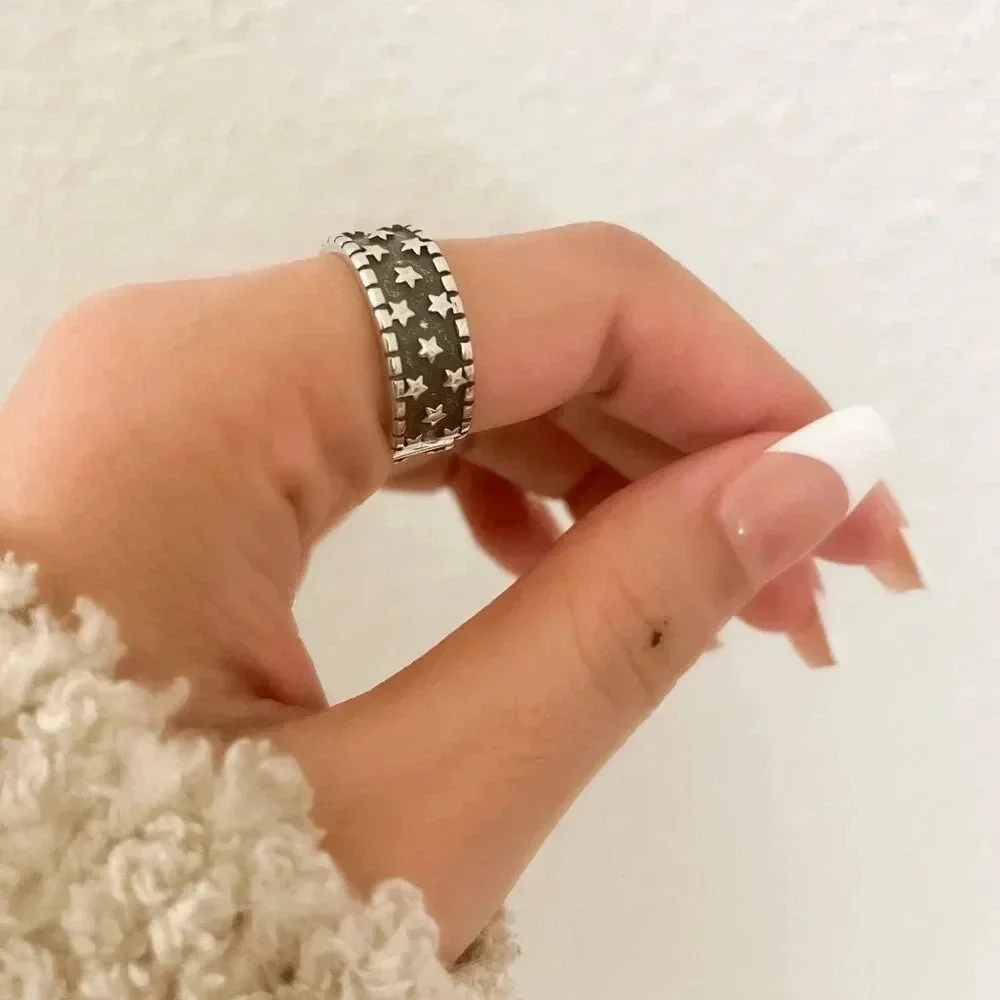 925 Sterling Silver Star Ring Band Black & Silver Star Ring Celestial Ring